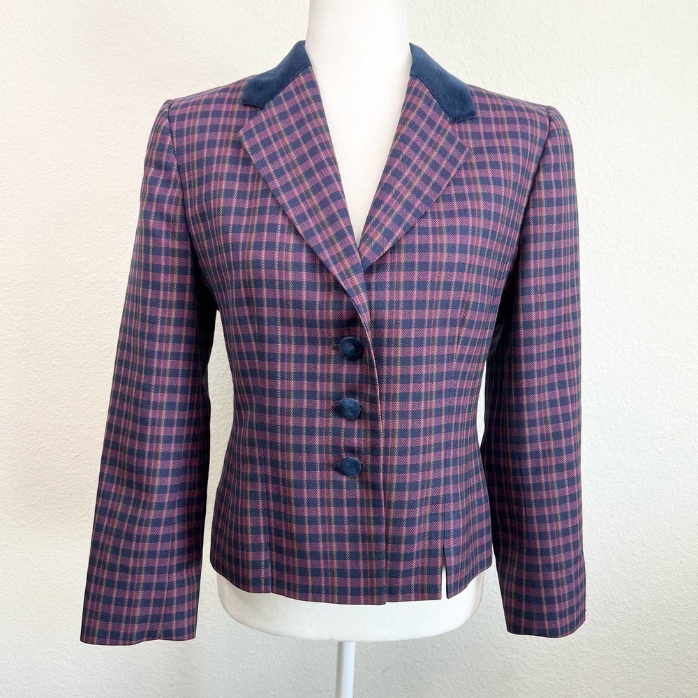 Pendleton Vintage Wool Burgundy Plaid Velvet Collar Button Blazer Jacket 8P